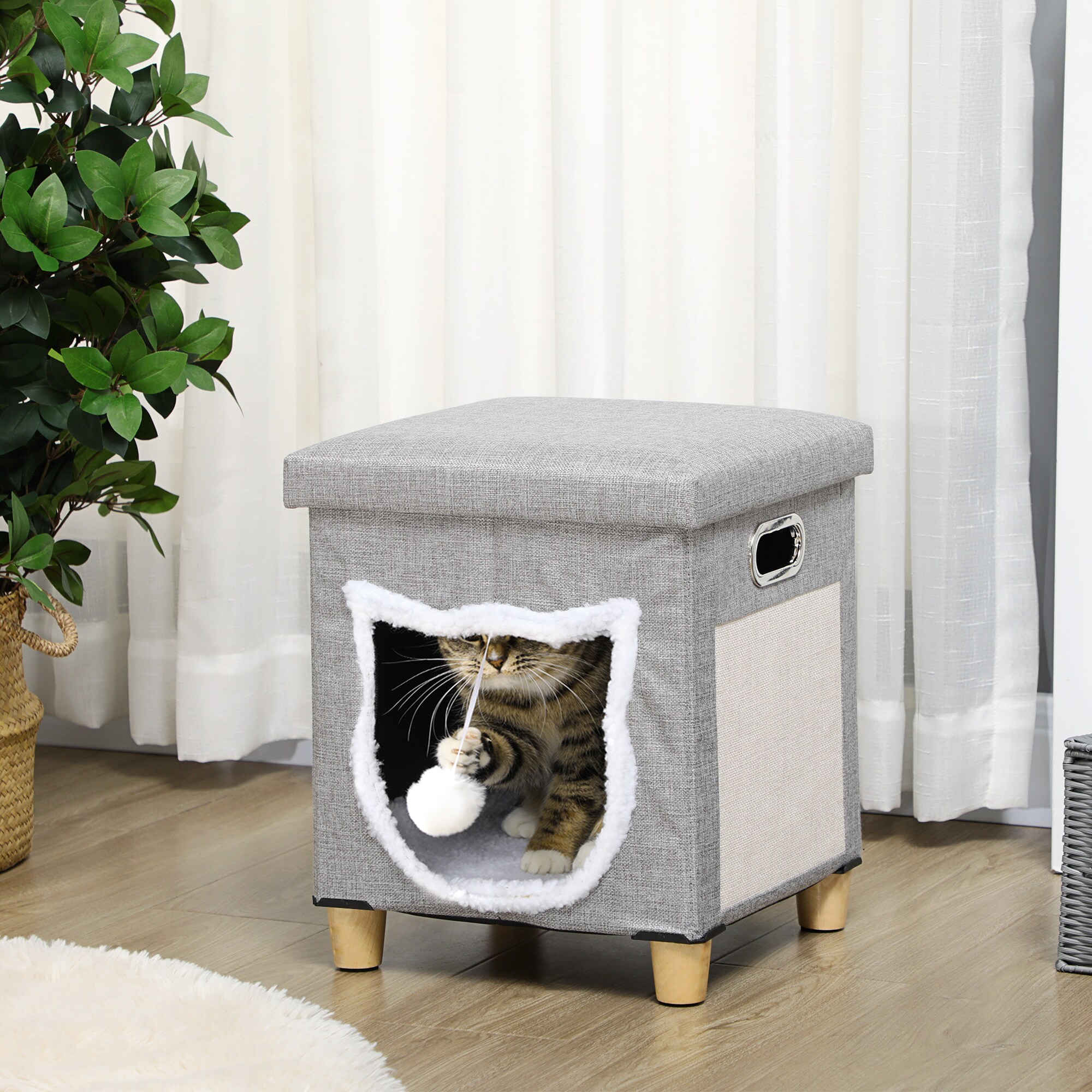 PawHut Katzenhaus mit Kissen und Spielball grau 35,5L x 35,5B x 42,5H cm