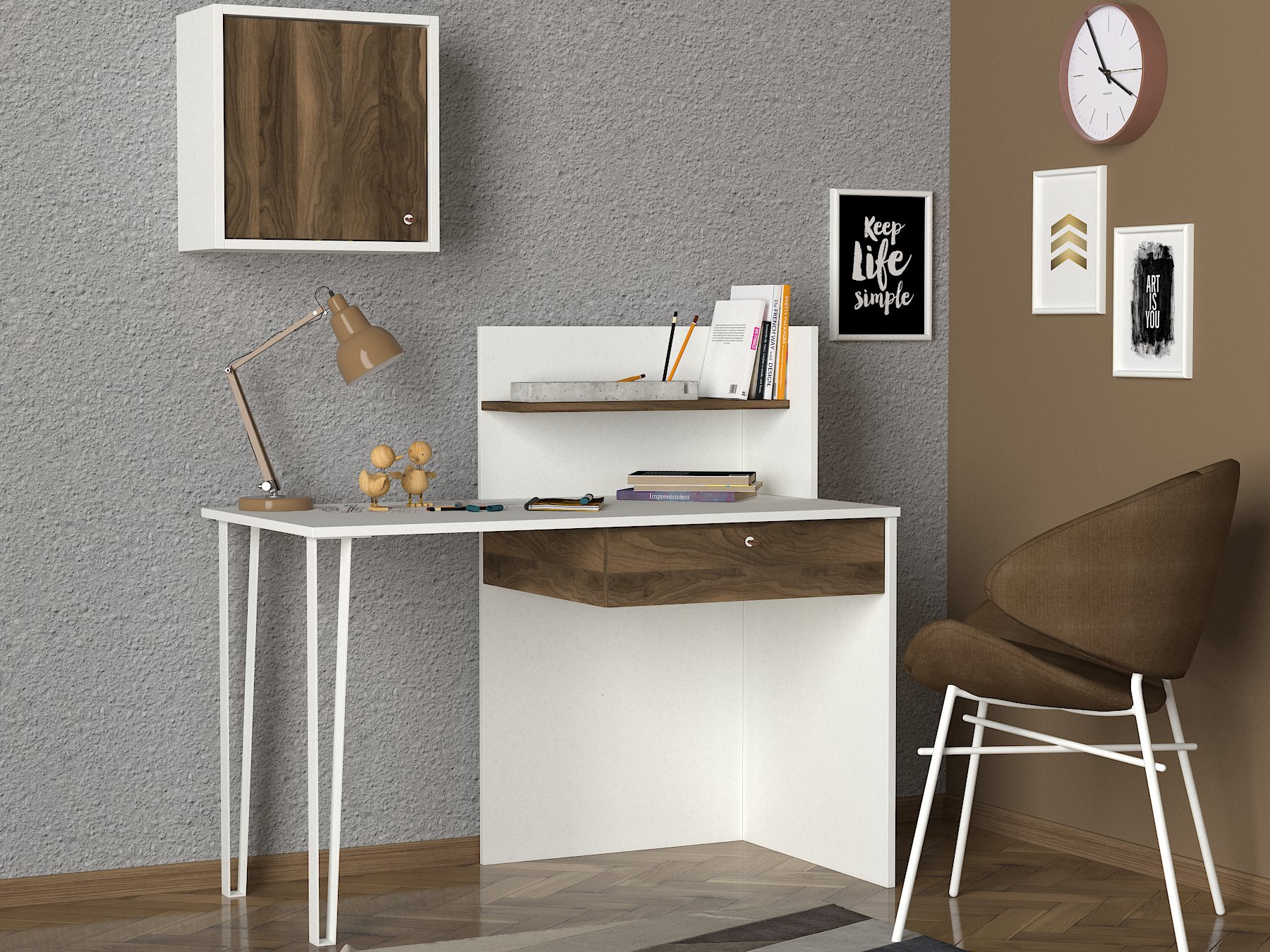 Schreibtisch Punto mit Metallfüße Weiß Walnuss