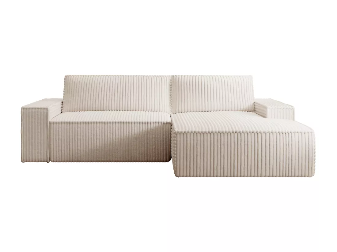 Canapé d'angle droit convertible en velours côtelé grosses côtes beige AMELIA