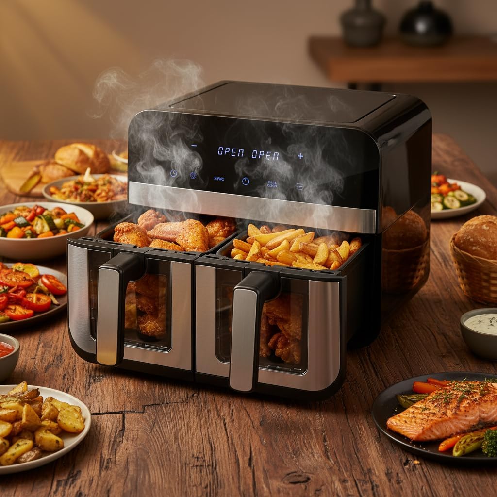 Dual Zone Heißluftfritteuse, XXL 9L Rapid AirFryer, 2 Fächer, 8 Programme, 80°C- 200°C, 2400W, Heißluftfritteusen ohne Öl, Grillen, Backen, Braten, Spülmaschinenfest, Antihaftbeschichtung