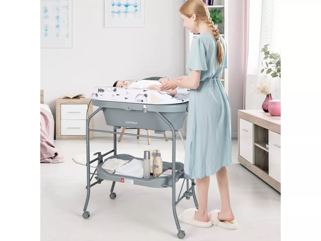 Table à Langer 2 en 1 avec Baignoire 20L Plateau de Rangement, Commode à Langer Pliable Couches Étanches Roue Universelle à Frein Charge 35KG, pour Bébé 0-12 Mois,Gris
