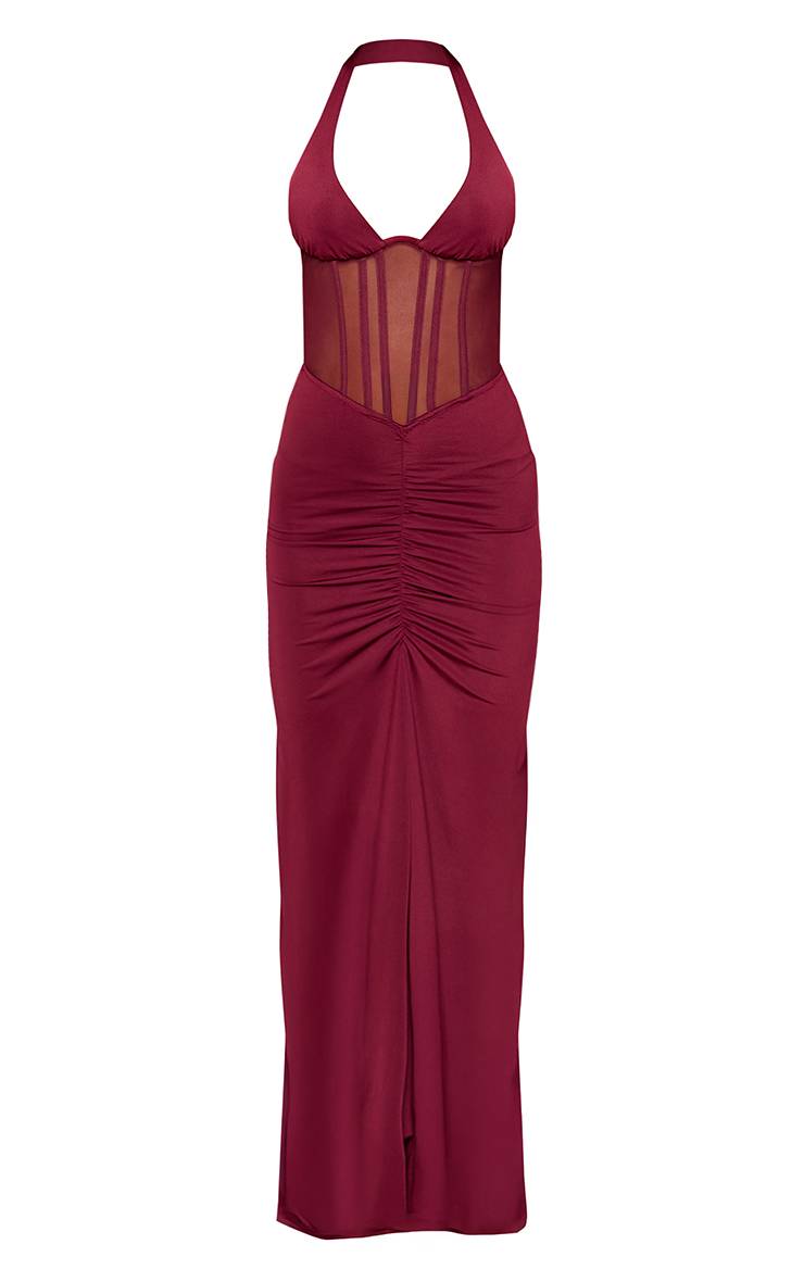 Rouge Bordeaux Robe Longue Moulante À Corset En Mesh Plongeant Et Col Licou