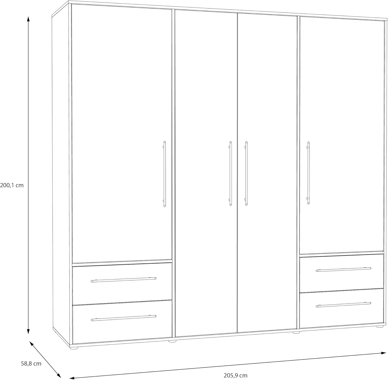 FORTE Jupiter Schrank 200 210, weißer Kleiderschrank, Drehtürenschrank, 4-türig, mit 4 Schubladen und Einlegeböden, Weiß mit Holz Dekor: Mauvella Eiche, 206 cm breit x 59 cm tief x 200 cm hoch