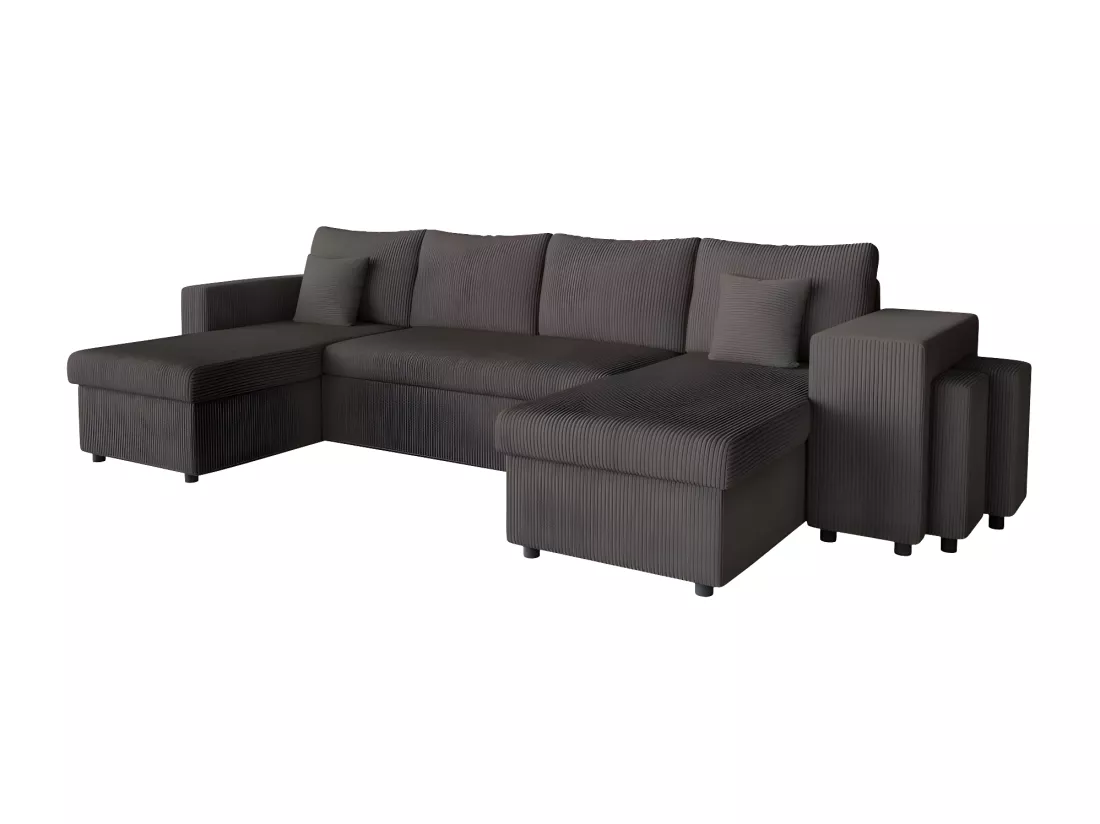 Canapé panoramique Oslo convertible avec 2 coffres, 2 poufs à droite en velours côtelé Gris anthracite - L311 x P146 x H81cm - Loungitude