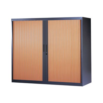 Armoire basse à rideaux - L120 x H105 x P43 cm - 2 tablettes - corps anthracite / porte merisier