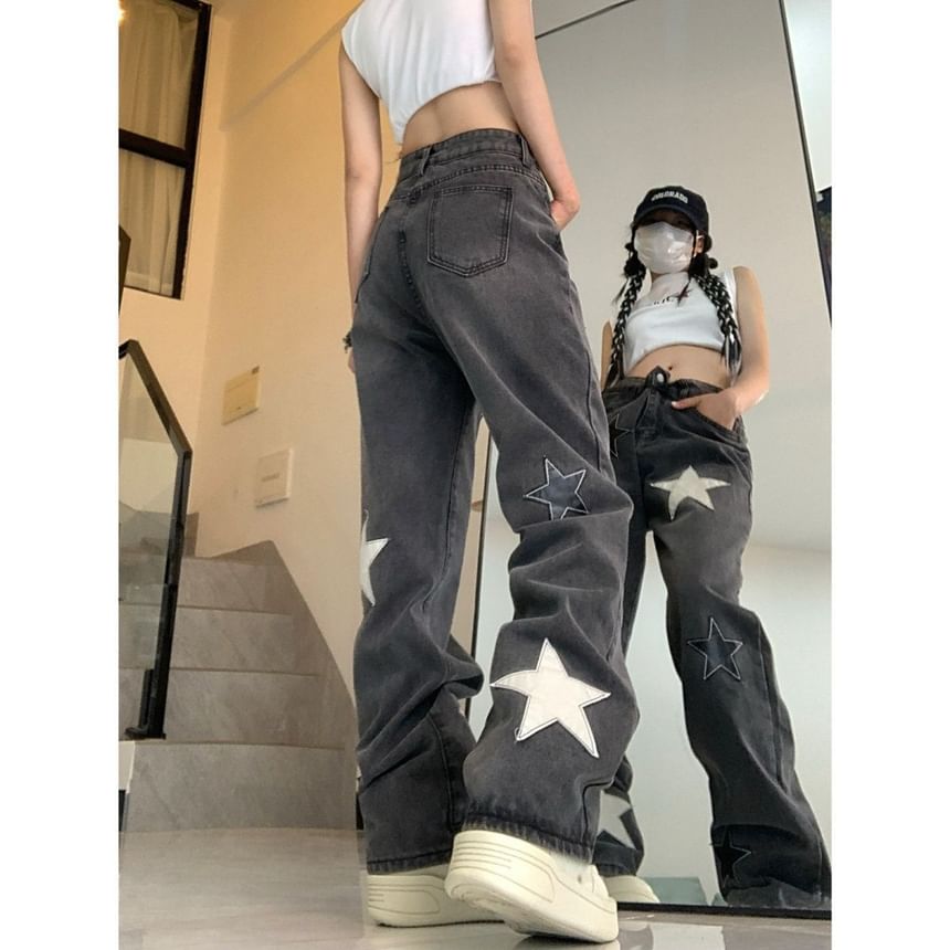 Wisjam - High Rise Star Patchwork Straight Leg Jeans