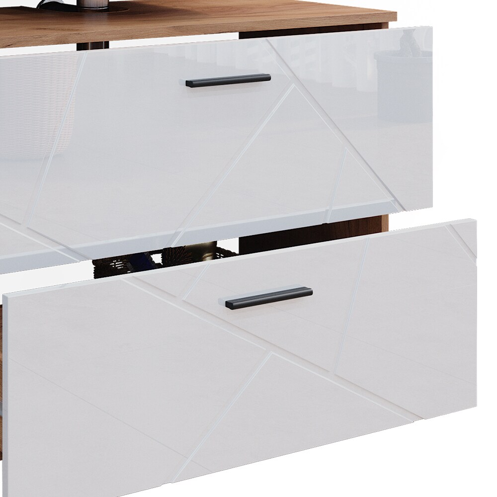 Vicco Badmöbelset Irma Eiche Weiß Hochglanz modern Badezimmerschrank Badschrank Badezimmermöbel Waschtischunterschrank Spiegelschrank Kommode Schranktür Schrankschublade Schrankfach