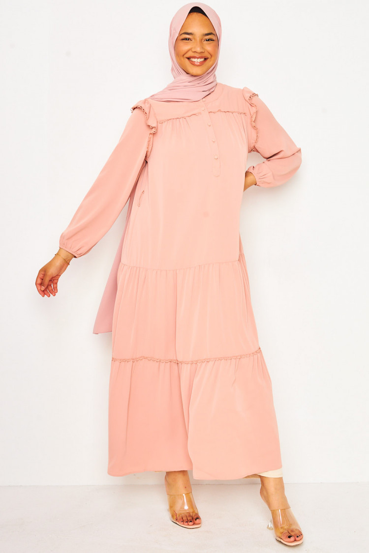 Abaya longue rose à détails crochet