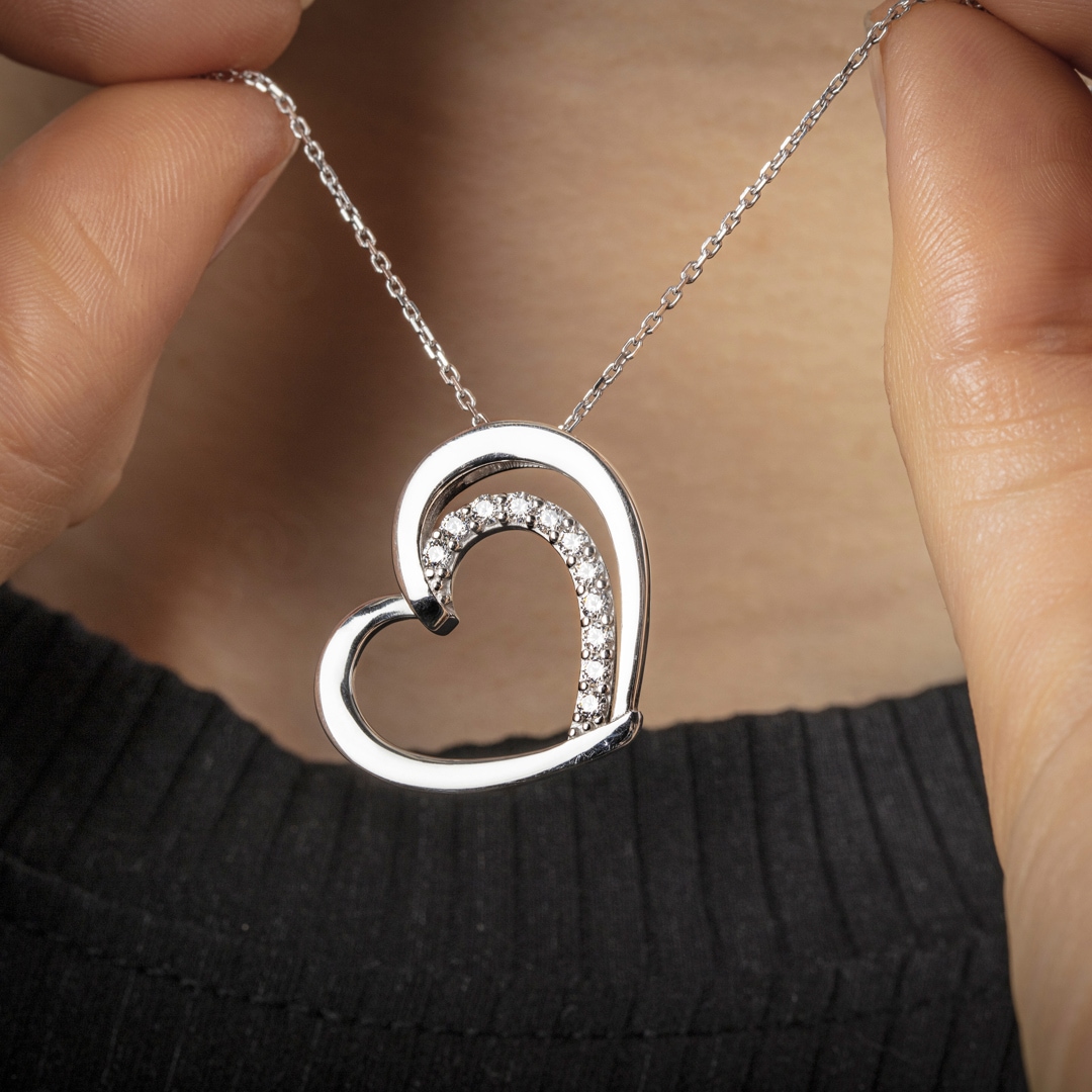 Collier 925 Silber rhodiniert Herz mit Zirkonia rund 43cm