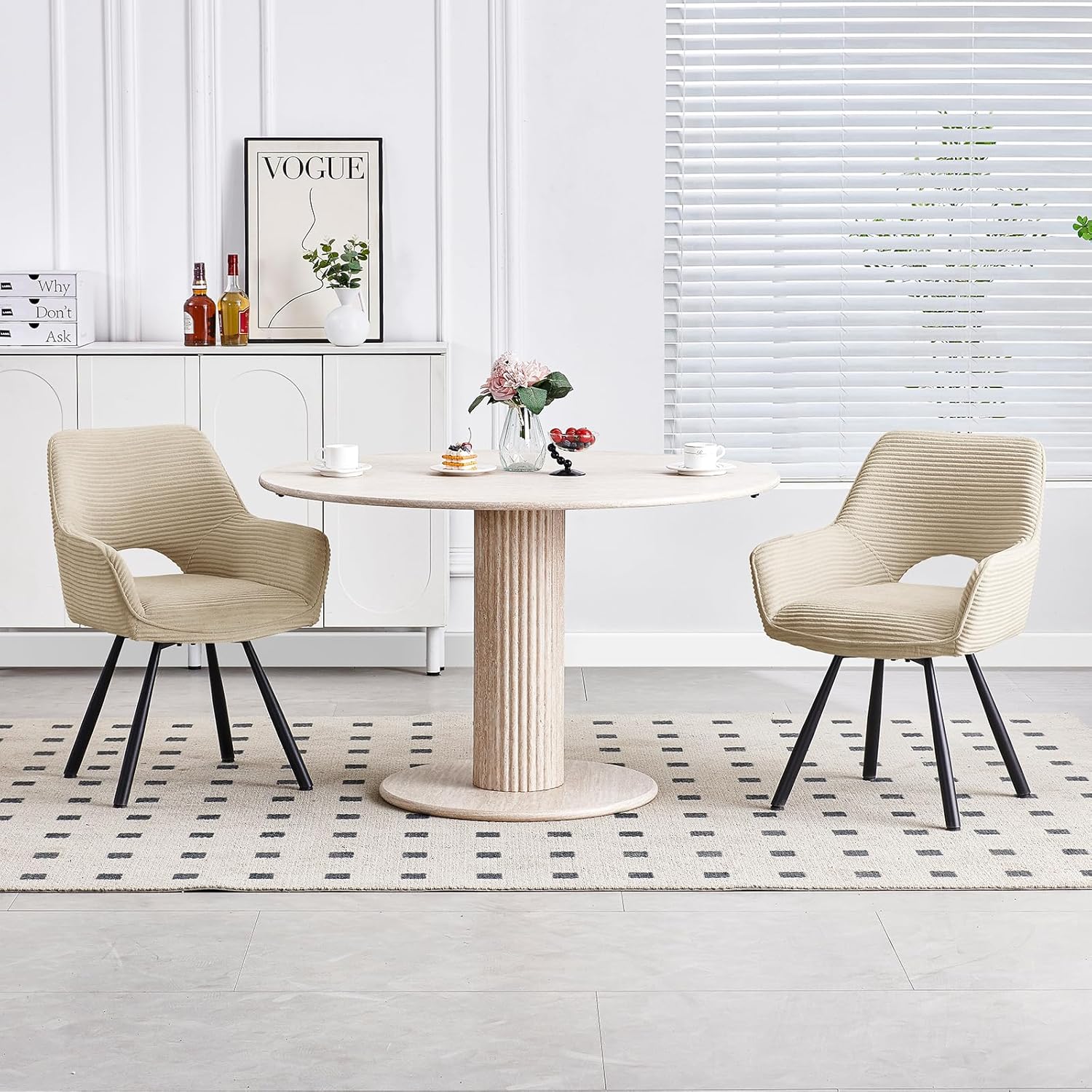 2er Set Esszimmerstuhl Drehbar mit Armlehne, Drehbar 360°, Küchenstuhl, Moderner Polsterstuhl mit Stoffrückenlehne für Küche, Esszimmer, Schlafzimmer, Beige