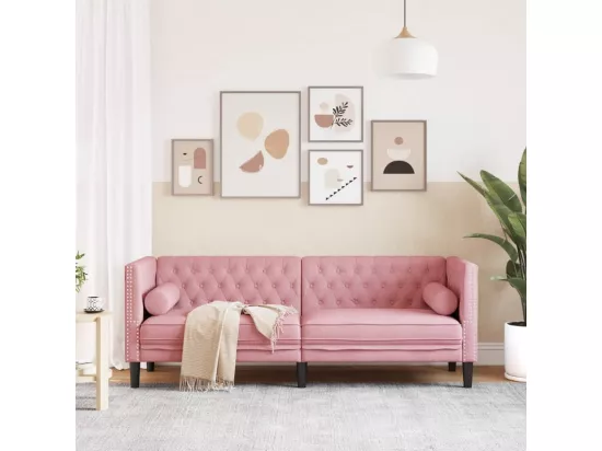 Canapé Chesterfield avec traversins 3 places rose velours