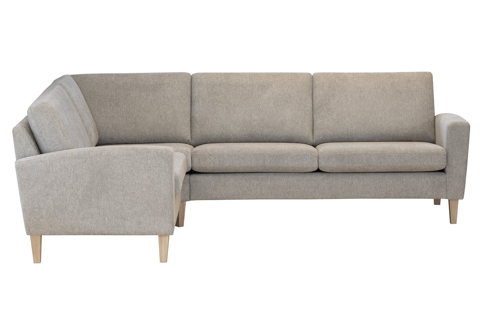 Noor Lux hjørnesofa 1,5 seter, hjørne og 2,5 seter i tekstil Fara kitt med hvitoljet ben.