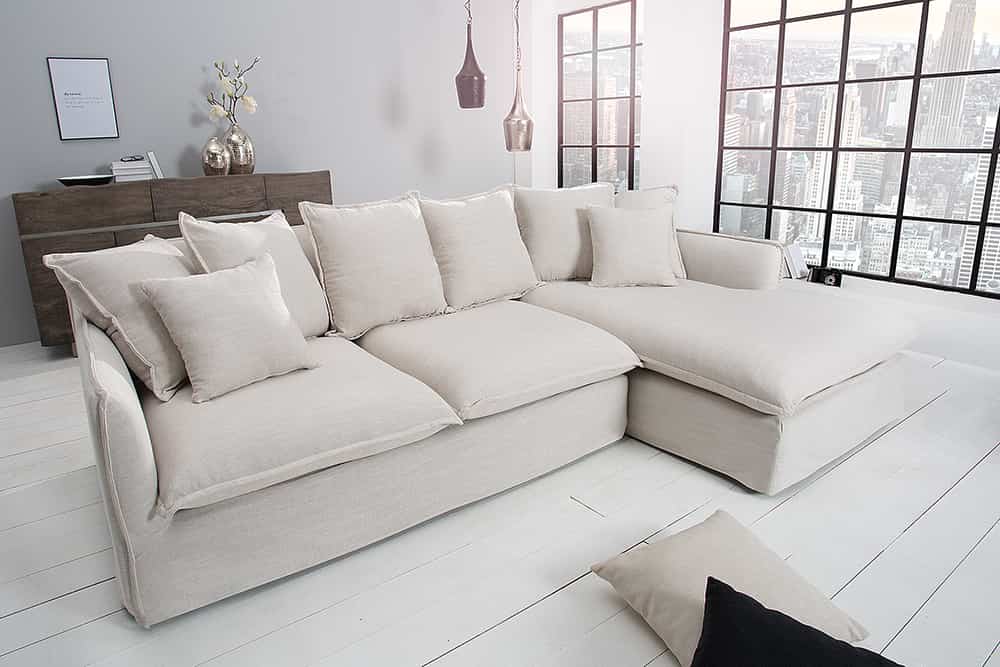 Großes Ecksofa HEAVEN 255cm natur beige Leinenstoff Federkern inkl. Kissen