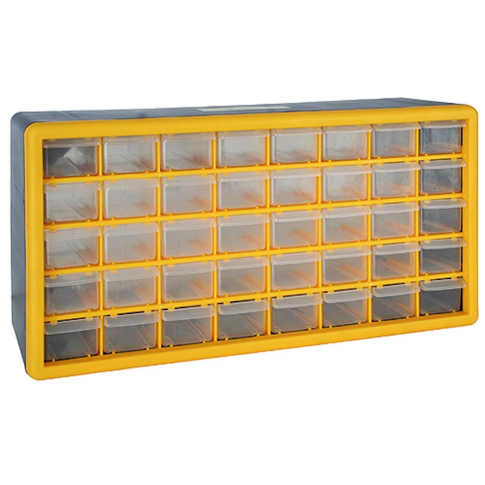 PROREGAL Cosimo opbergkast voor kleine onderdelen met 40 laden, grijs/geel, HxBxD 25 x 50 x 16 cm, plank voor kleine onderdelen, assortimentsdozen, plank voor assortimentskisten