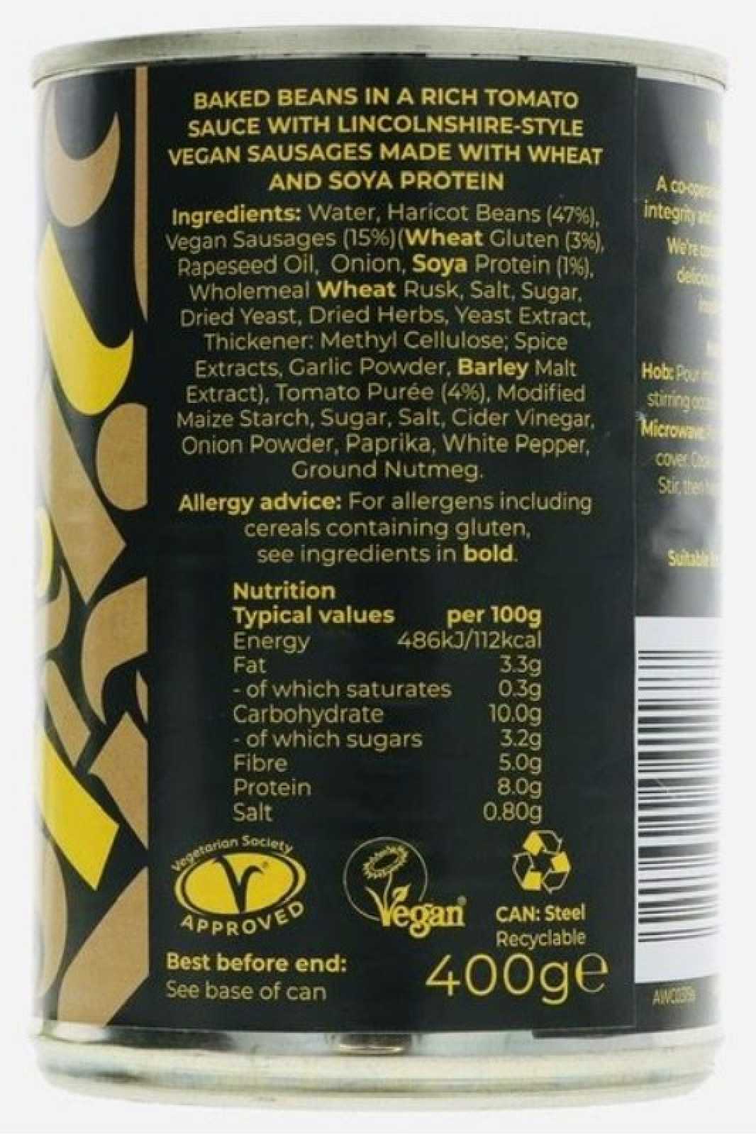 Feijão cozido e salsichas veganas Suma Wholefoods 400g