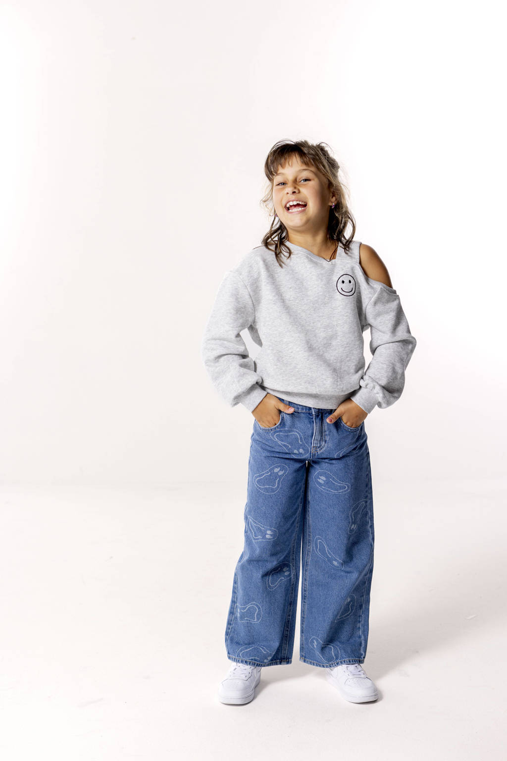 ONLY wide leg jeans KOGMEGAN met all over print medium blue denim