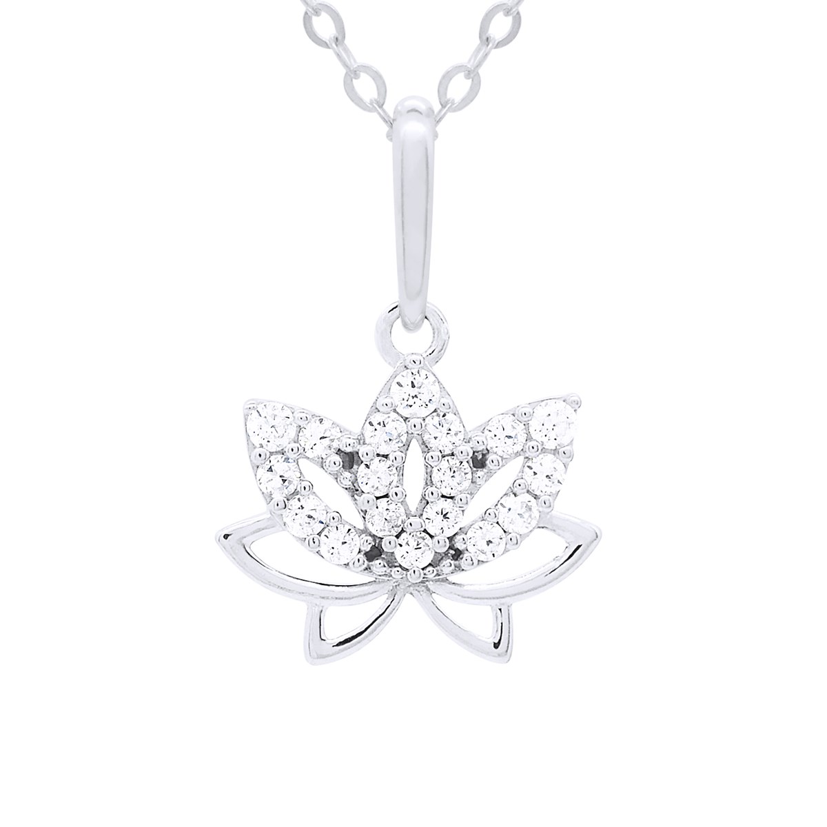 Collier - Ornées d'un Pendentif Lotus serti d' Oxydes de Zirconium - Or Blanc