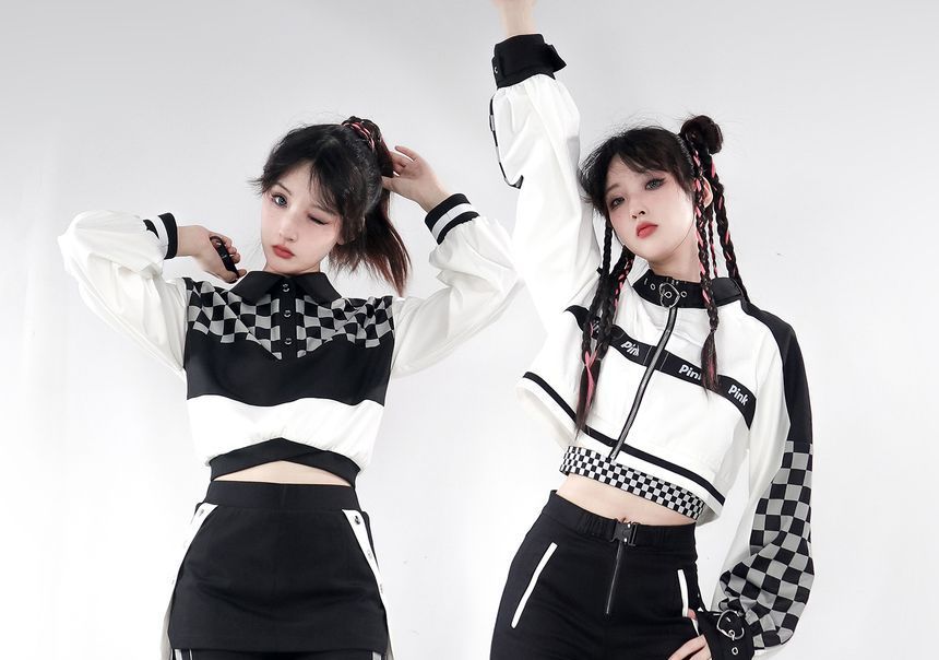 Florimi - Lange mouw crop top / jas / mini rok / bootcut broek / checkerboard beenwarmers (verschillende ontwerpen)