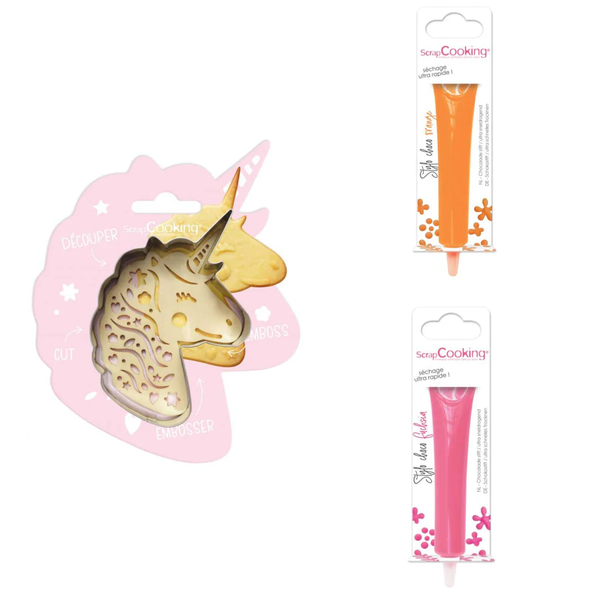 Kit pour biscuit en relief Licorne + 2 Stylos au chocolat orange et fu