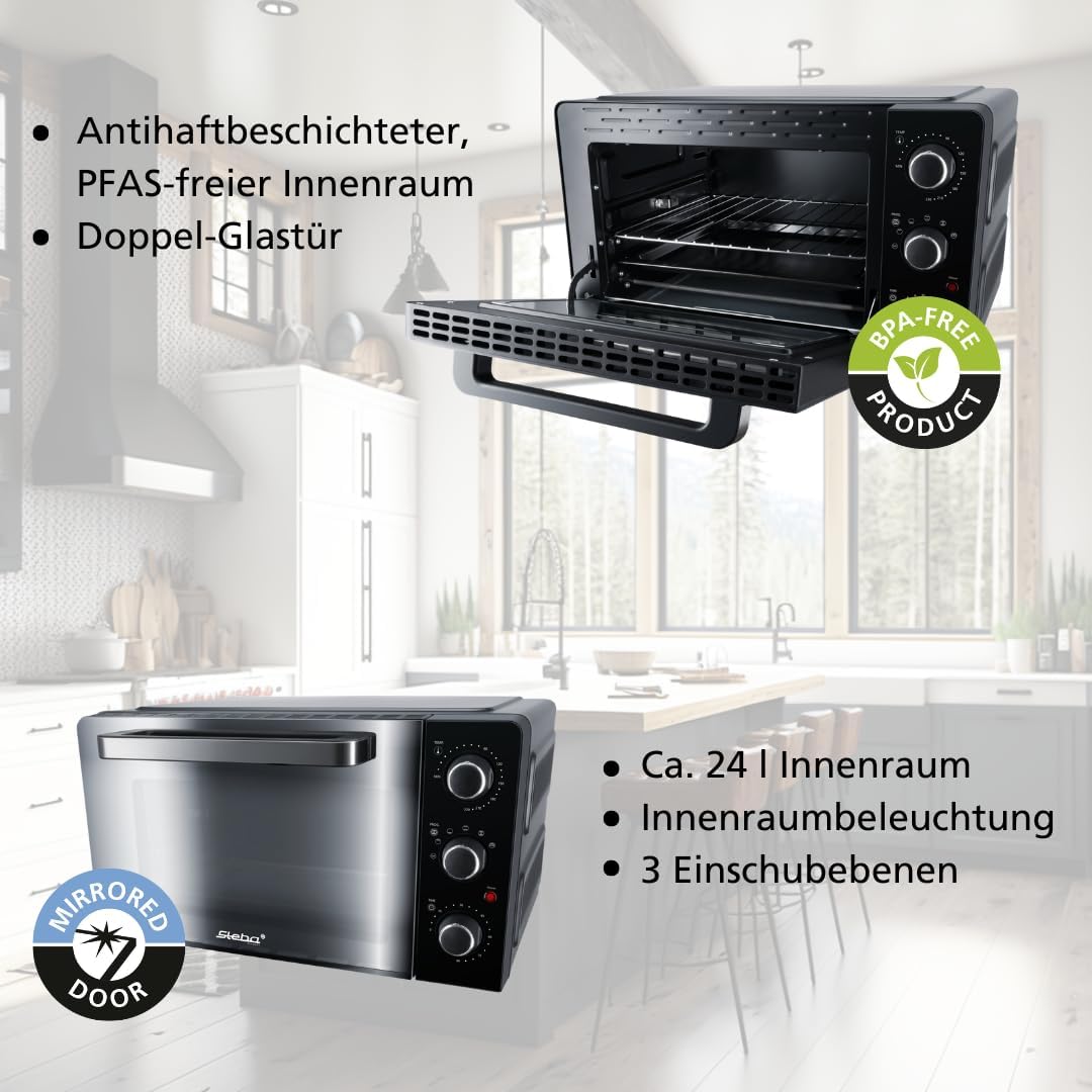 Steba Grillbackofen mit PFAS-freiem Innenraum, ca. 24 Liter, 3 Einschubebenen, emailliertes Backblech, Grillrost, Drehspieß, Doppel-Glastür, KB 224