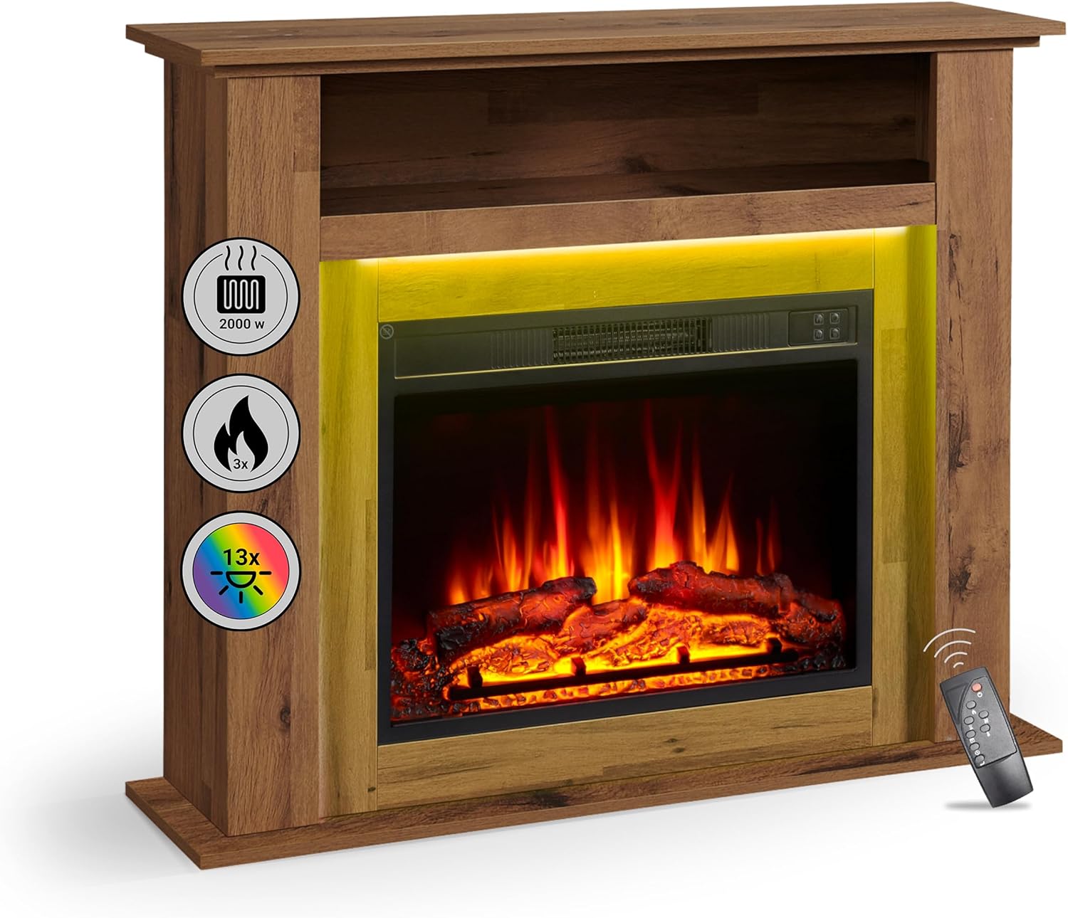 Elektrokamin BALDERIA Liora - Elektrischer Standkamin mit Ablagefach, 3D-Flammeneffekt, LED-Ambientebeleuchtung, Heizung 2000W, Timer, Thermostat, Fernbedienung - Dunkle Eiche