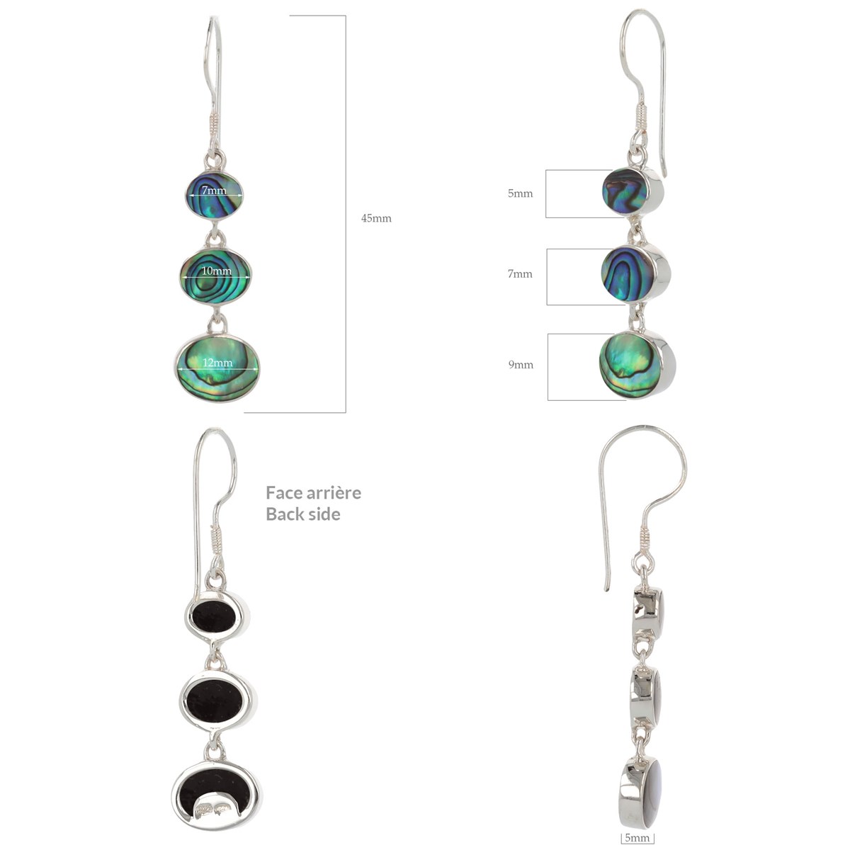 Pendants d'oreille Nacre Abalone et Argent massif forme ovale argent massif 925
