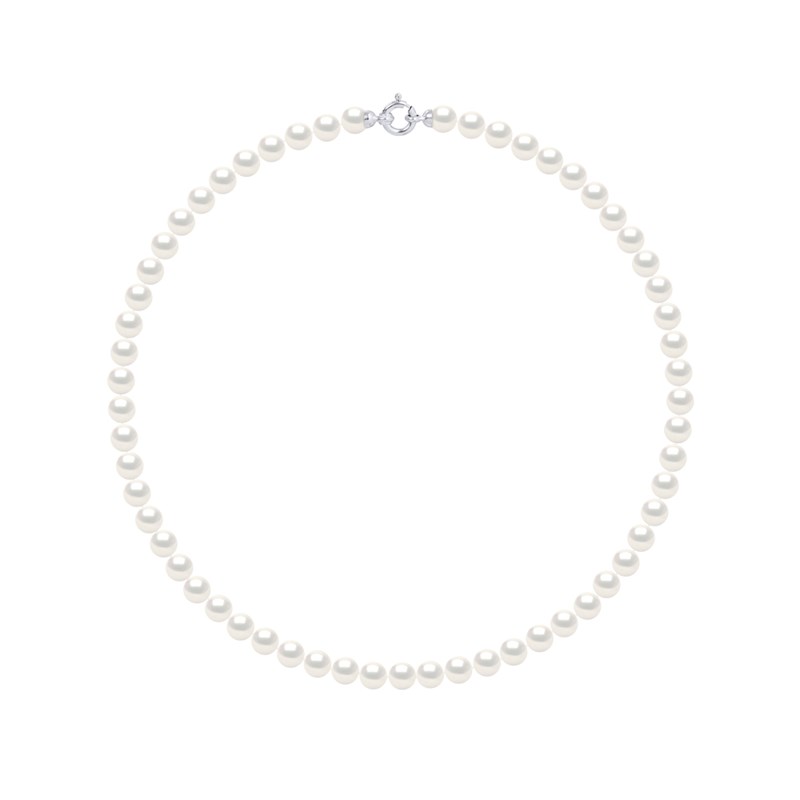 Collier Rang PRINCESSE Perles d'Eau Douce Rondes 6-7 mm Blanches Fermoir Prestige Or Blanc