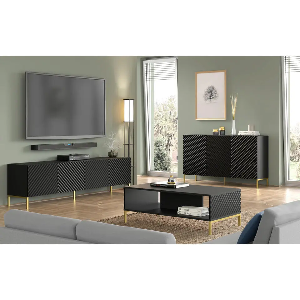 SURF dressoir 3D 150 cm mat zwart   gouden frame