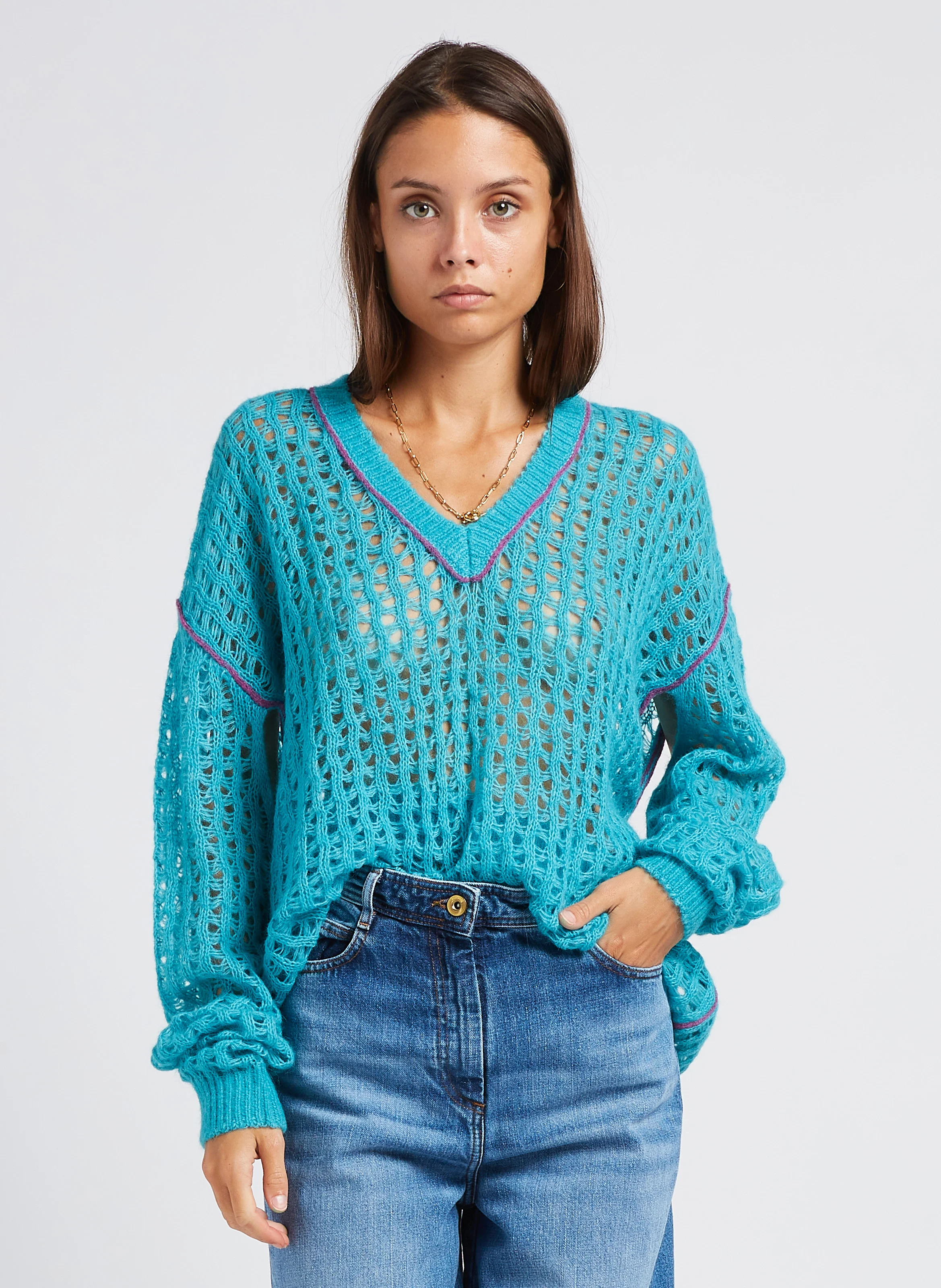 TAKEKO - Pull col V en maille filet | Bleu