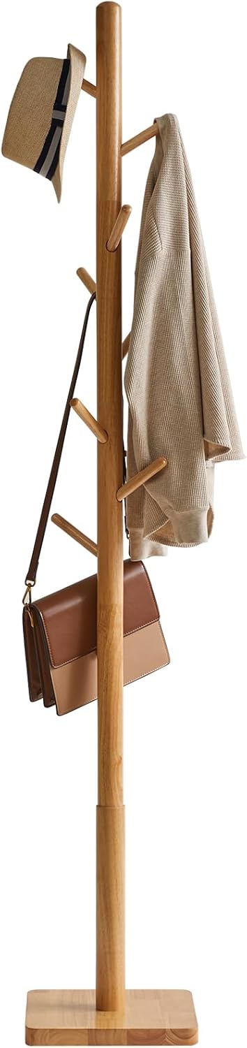 YMYNY Garderobenständer aus Massivholz, freistehender Kleiderständer mit 8 Haken, verdickte quadratische Basis, 3 verstellbaren Höhen, für Tasche, Kleidung, Wohnzimmer, narturfarben HCR002N