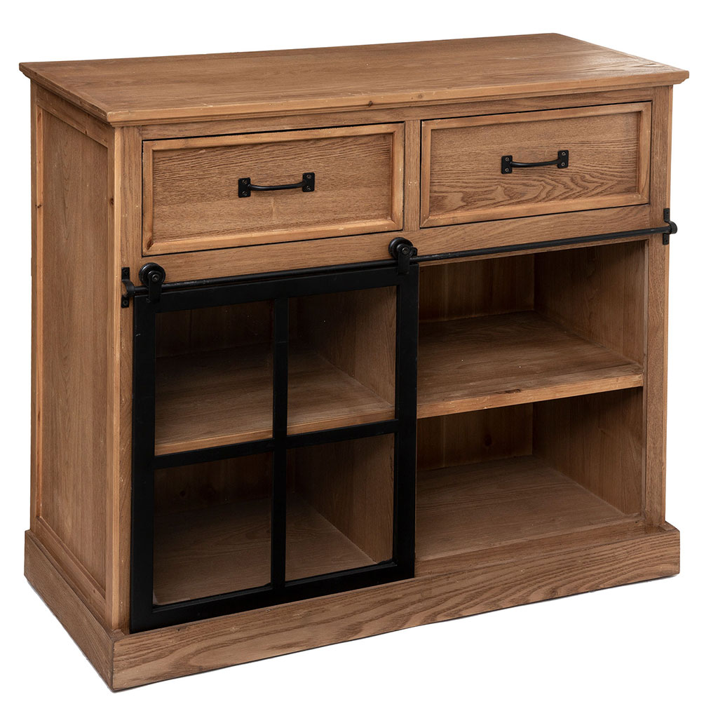 Buffet bois 2 tiroirs verrière 94x85x40cm
