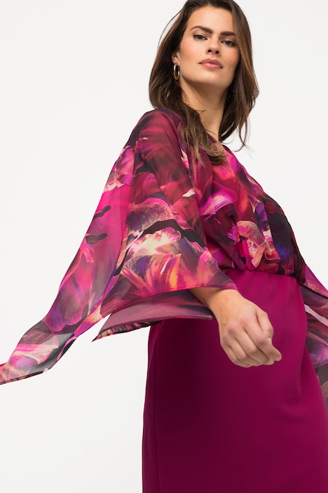 Kleid, Blüten, Chiffonärmel, V-Ausschnitt, Langarm