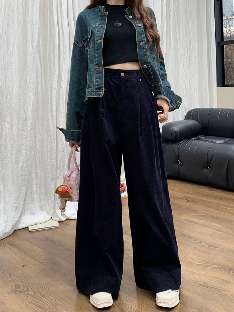 ANORA - Hoge taille effen corduroy broek met wijde pijpen