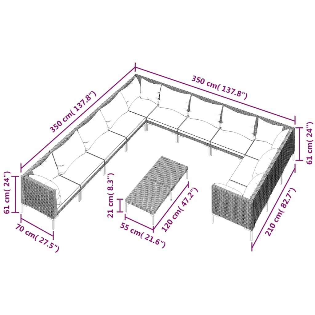 Salon de jardin meuble d'extérieur ensemble de mobilier 12 pièces avec coussins résine tressée gris foncé