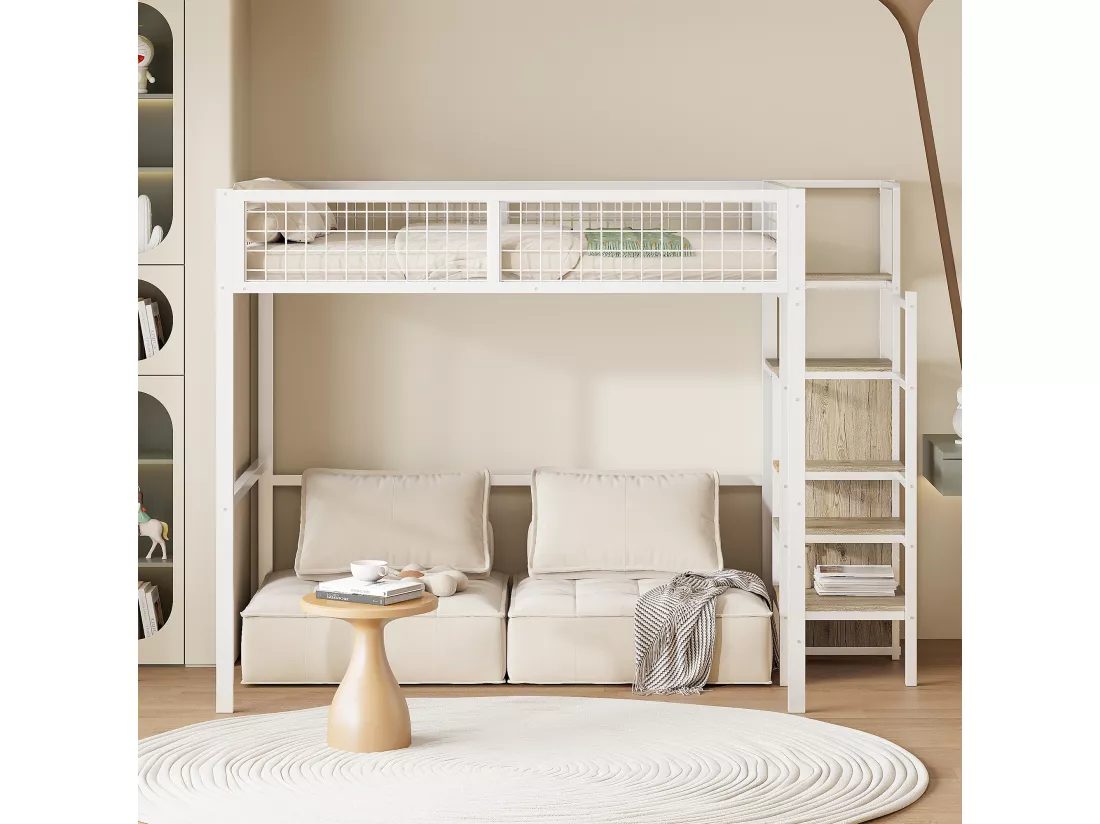 Lit mezzanine enfant 140x200 cm avec structure en fer - avec échelle de rangement et une penderie - Blanc