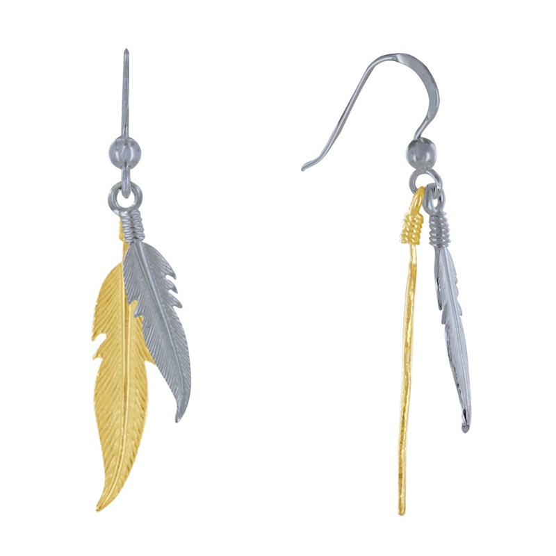 Boucles d'Oreilles Argent et Argent Doré Deux Plumes