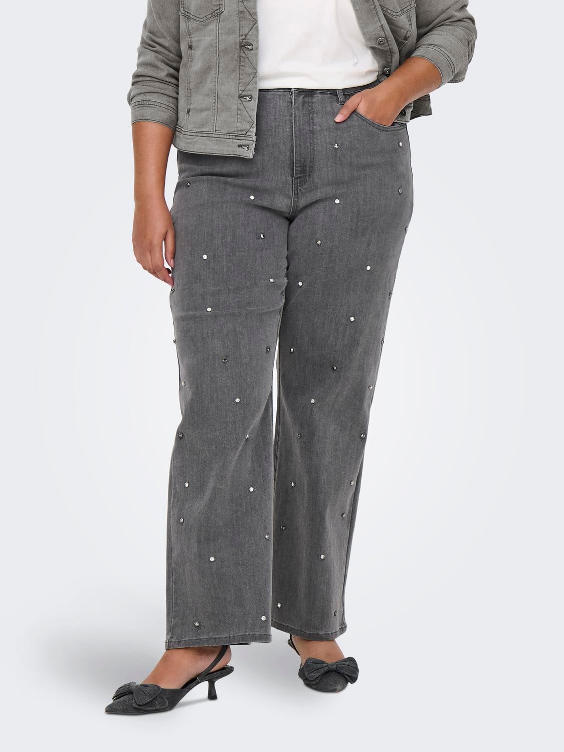 CARHOPE Hohe Taille Weiter Beinschnitt Jeans Medium Grey Denim