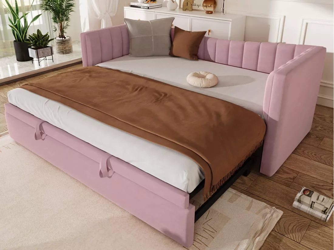 Canapé-lit capitonné 90 x 200 cm / 180 x 200 cm - avec lit gigogne - velours - rose (matelas non inclus)