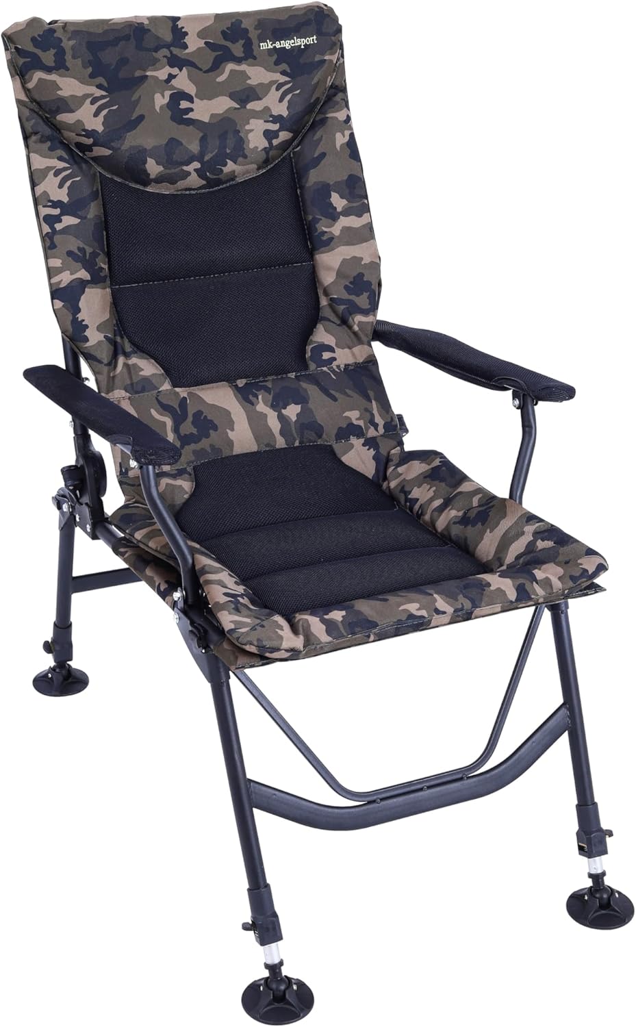 Angelstuhl XL 150kg belastbar, Karpfenstuhl mit Armlehnen, klappbar, bequemer Anglerstuhl mit Armlehne und verstellbarer Sitzhöhe (42cm bis 55cm), Camping Stuhl inkl. extra breiter Sitzfläche