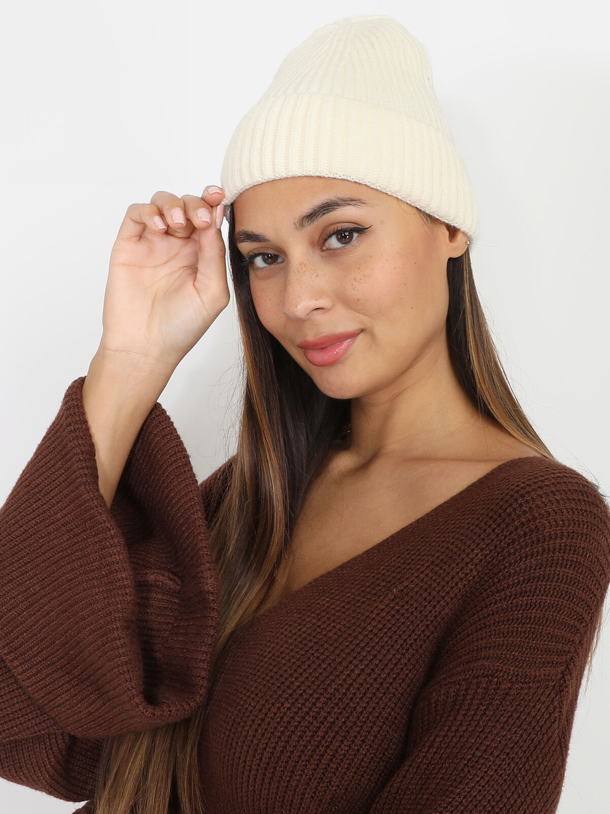 Bonnet maille côtelée à revers- Écru