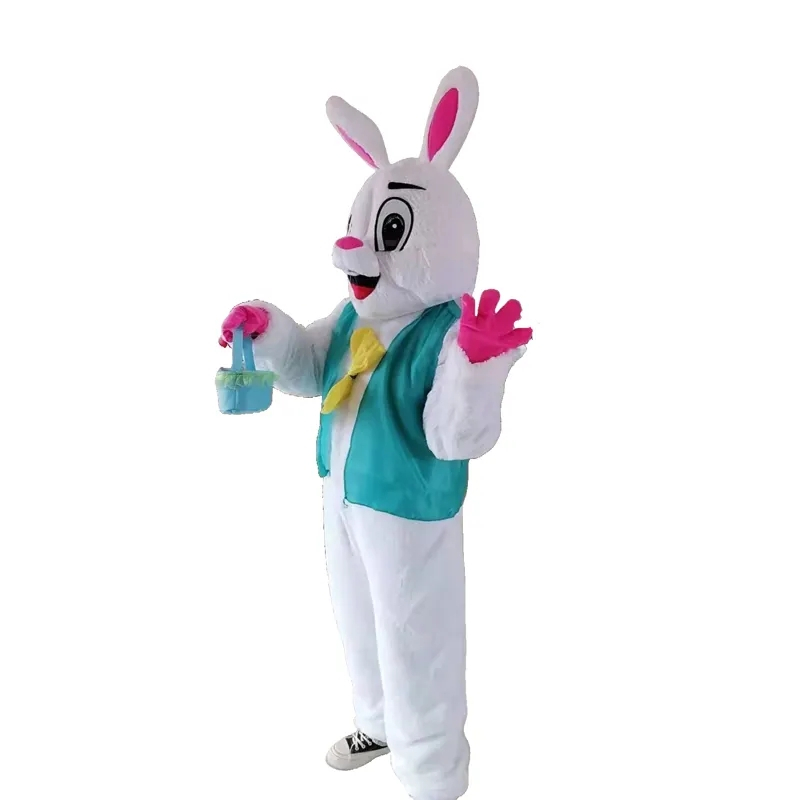 (190cm) Fasnachts Erwachsenen Kostüm Hasen Overall Verkleidung für Motto Partys / Ostern inkl. Handschuhe / Stoff Korb - Weiss