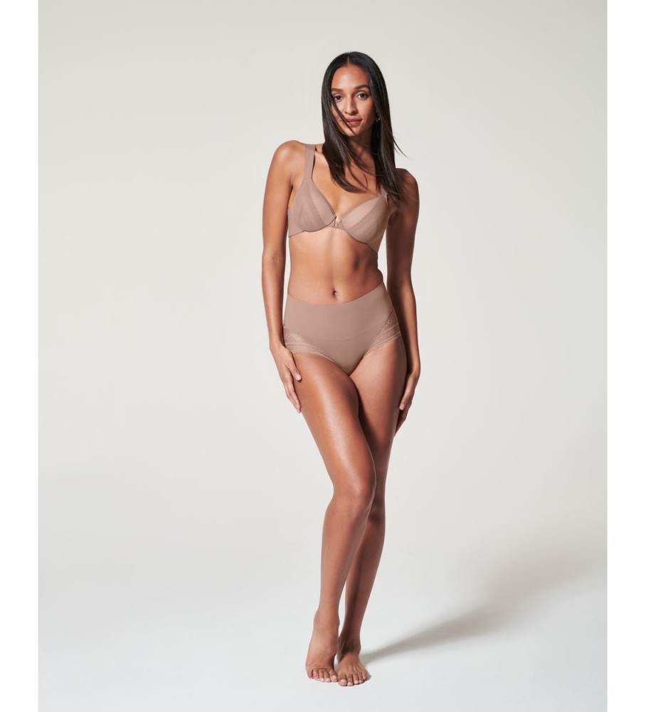 Calcinha de cintura alta SPANX com renda marrom