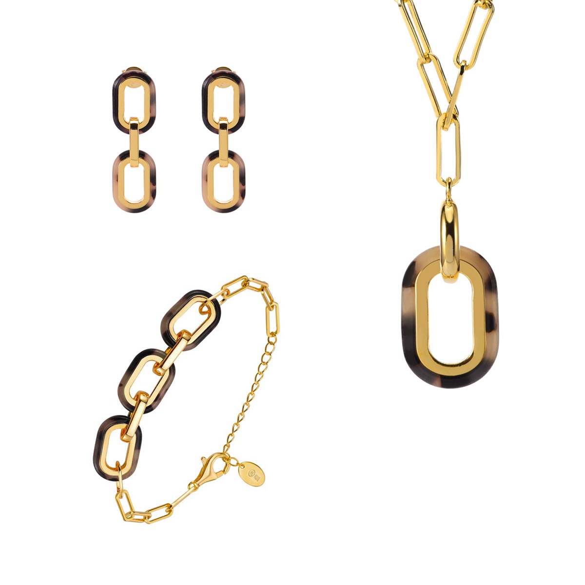 Parure Seven Collier Bracelet Boucles D'oreilles En Argent Doré Et Acétate