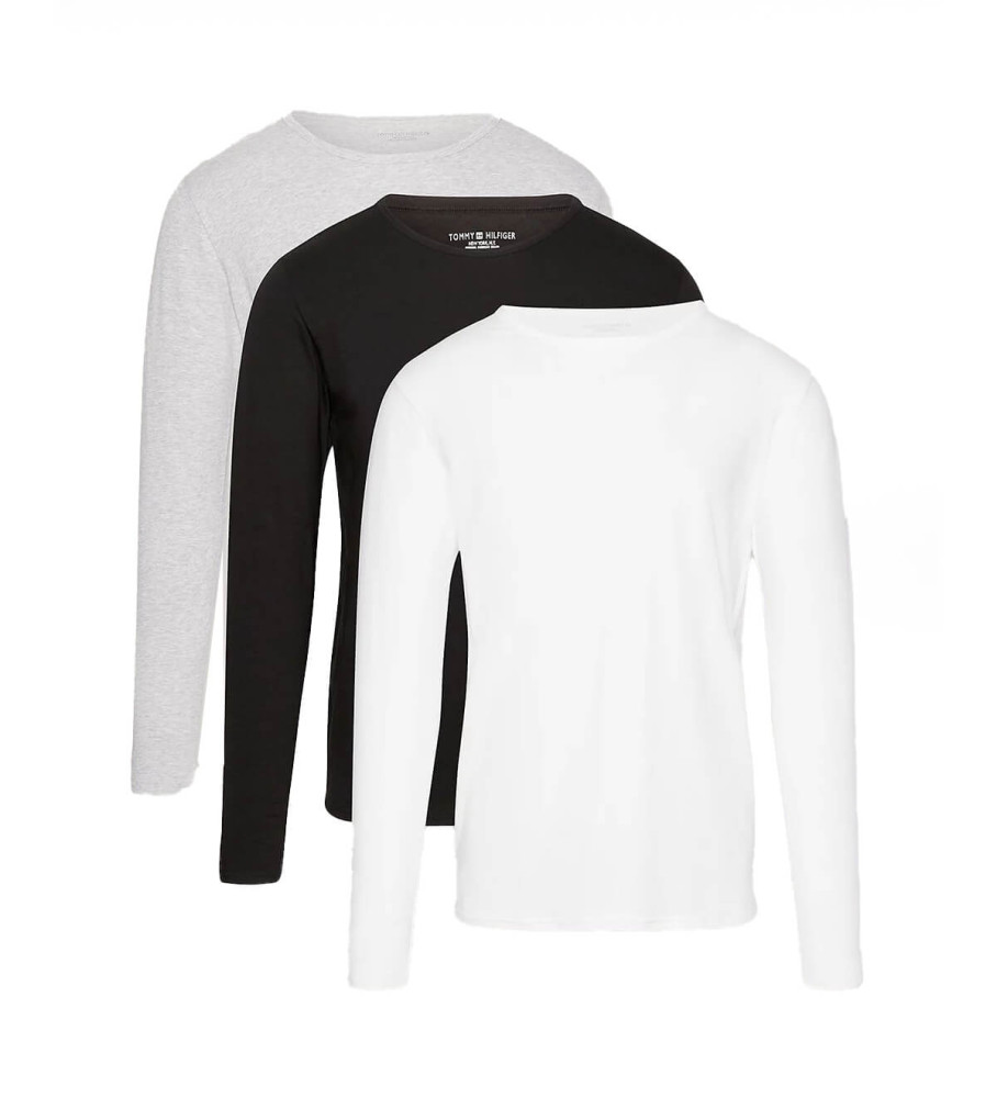 Conjunto de 3 camisetas de manga comprida Tommy Hilfiger nas cores cinza, branca e preta.