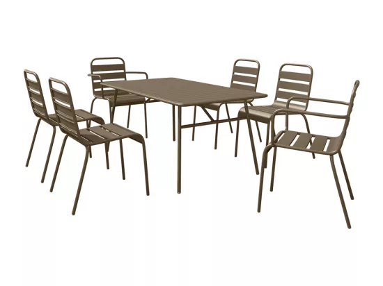 Salle à manger de jardin en métal - une table L.160 cm avec 2 fauteuils empilables et 4 chaises empilables - Taupe - MIRMANDE de MYLIA
