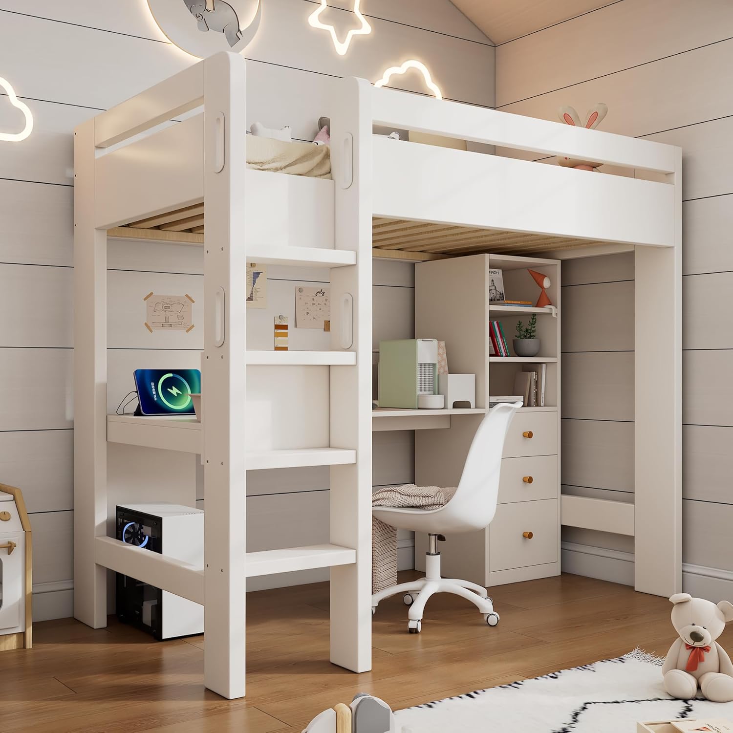 Moimhear Kinderbett Hochbett, 90×200cm, Weiß, mit L-förmigem Schreibtisch, Regalen und Schubladen mit USB/Type-C Ladebereich, mit Leiter und Holzlattenrost