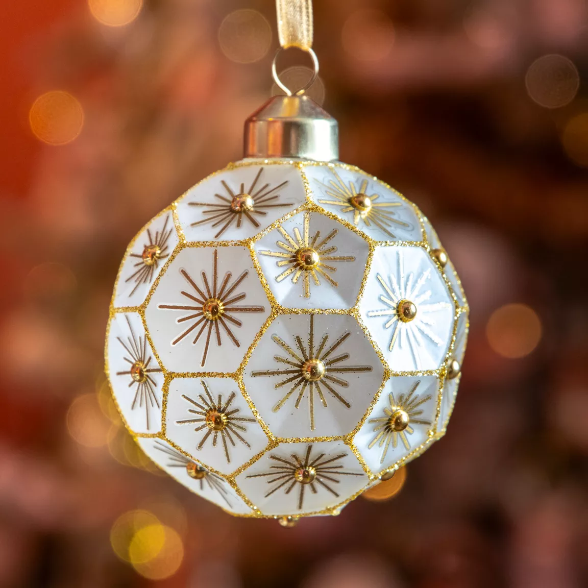 Lot de 3 boules de Noël en verre (D80 mm) Hexagonal doré et irisé