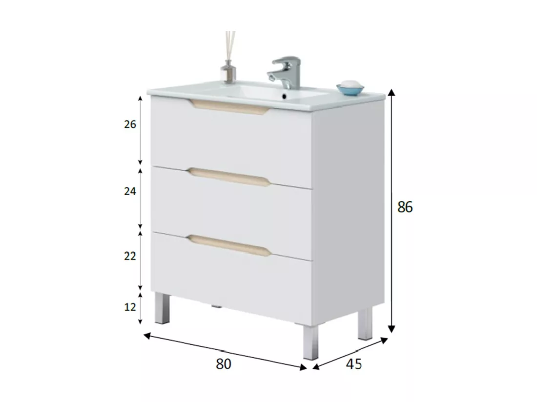 Meuble de salle de bain 80cm avec 3 tiroirs sans poignée coloris blanc - Longueur 80 x Profondeur 45 x Hauteur 86 cm