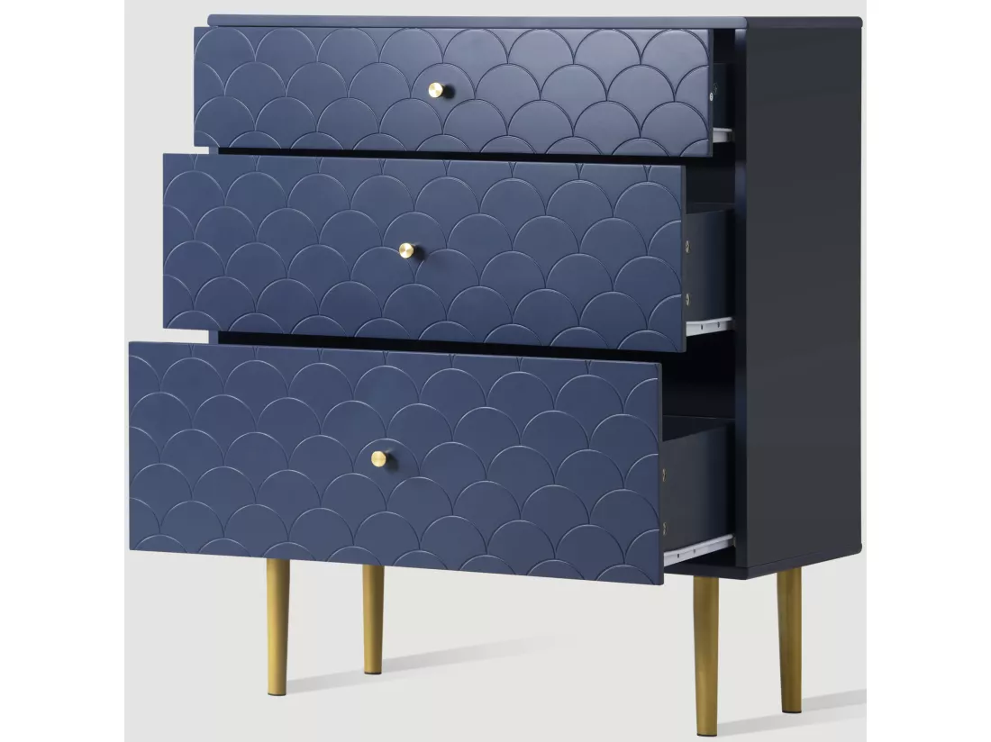 Commode avec 3 tiroirs, Buffet, Bois massif + panneaux de particules, Bleu marine - H89/L75/P40 cm