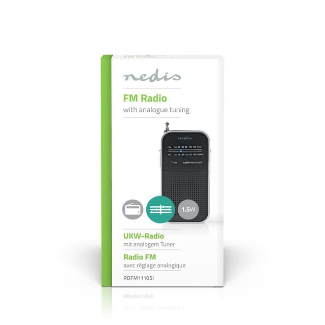 Nedis FM-radio | Bærbart design | AM / FM | Batteri | Analog | 1.5 W | Sort hvid skærm | Hovedtelefonudgang | IP20 | Aluminium / Sort